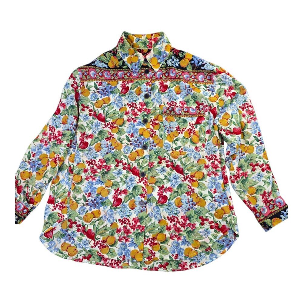 Vintage Fruit Print Shirt Womens L Multicolor Floral Botanical Long Sleeve 90s